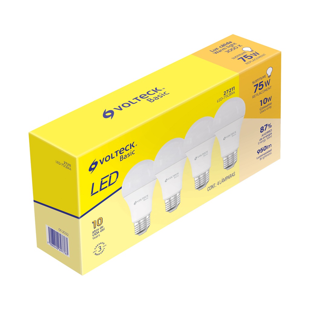 Pack de 4 lamparas LED A19 10 W (equiv. 75 W), luz calida