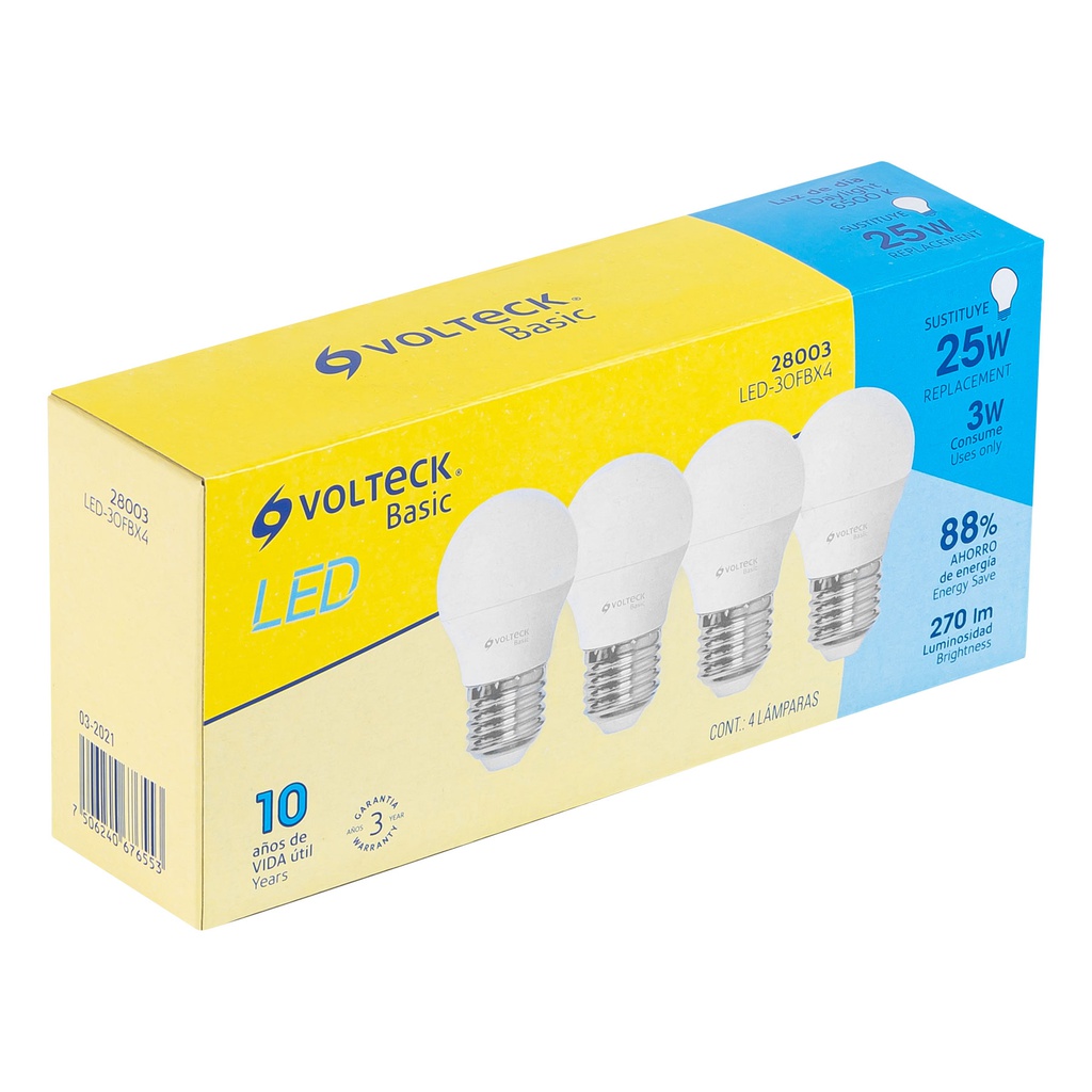 Pack de 4 lamparas LED G45 3 W (equiv. 25 W), luz de dia