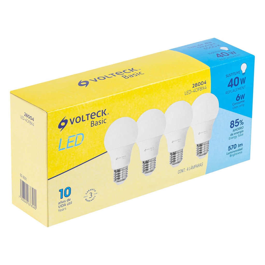 Pack de 4 lamparas LED A19 6 W (equiv. 40 W), luz de dia