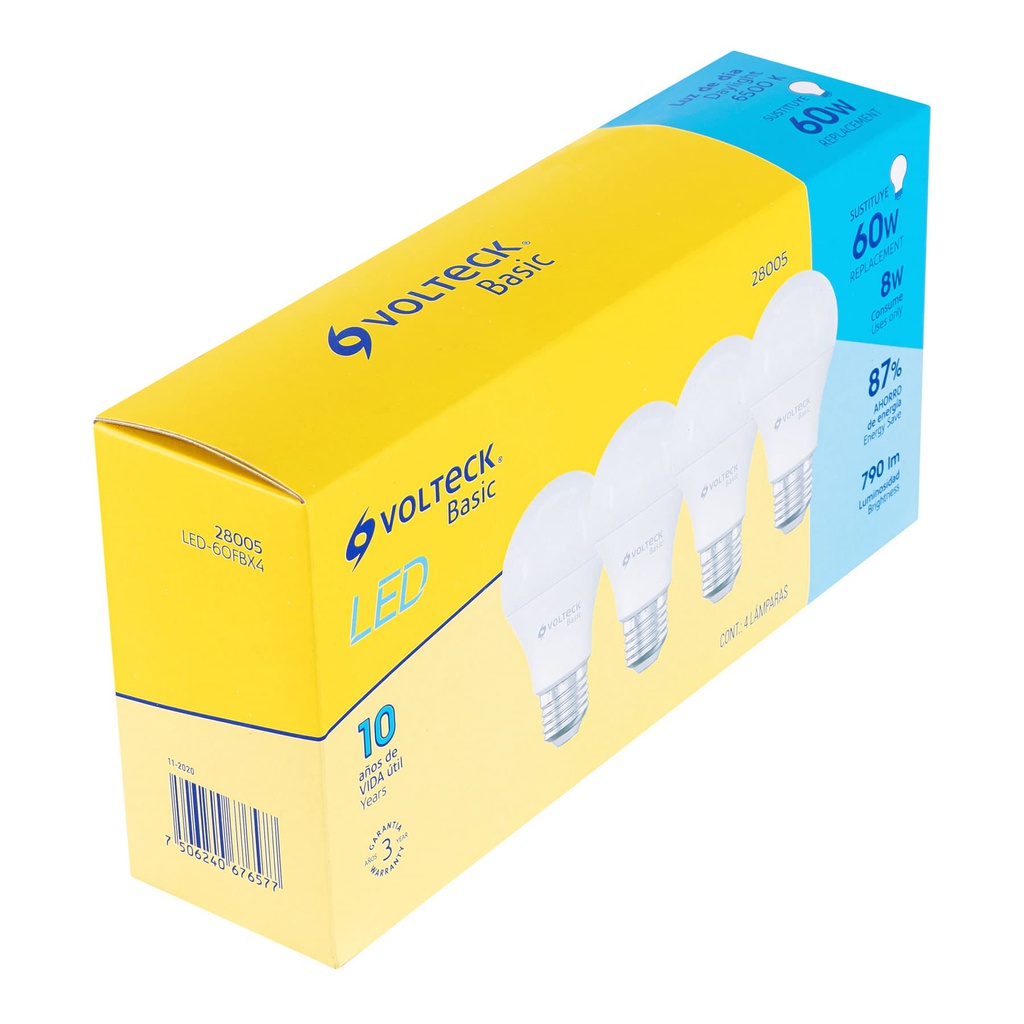 Pack de 4 lamparas LED A19 8 W (equiv. 60 W), luz de dia