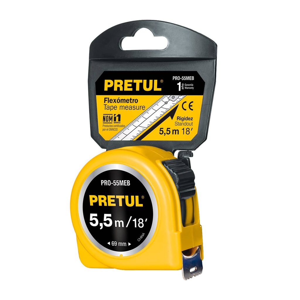 Flexometro amarillo 5.5 m cinta 25 mm, en tarjeta, Pretul