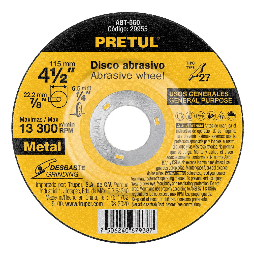 Disco Tipo 27 de 4-1/2' x 6.2 mm desbaste de metal, Pretul
