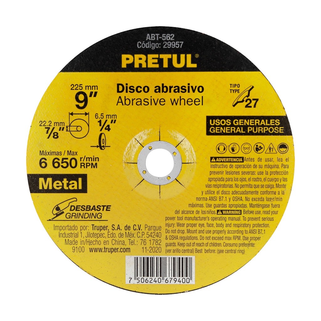 Disco Tipo 27 de 9' x 6.2 mm desbaste de metal, Pretul