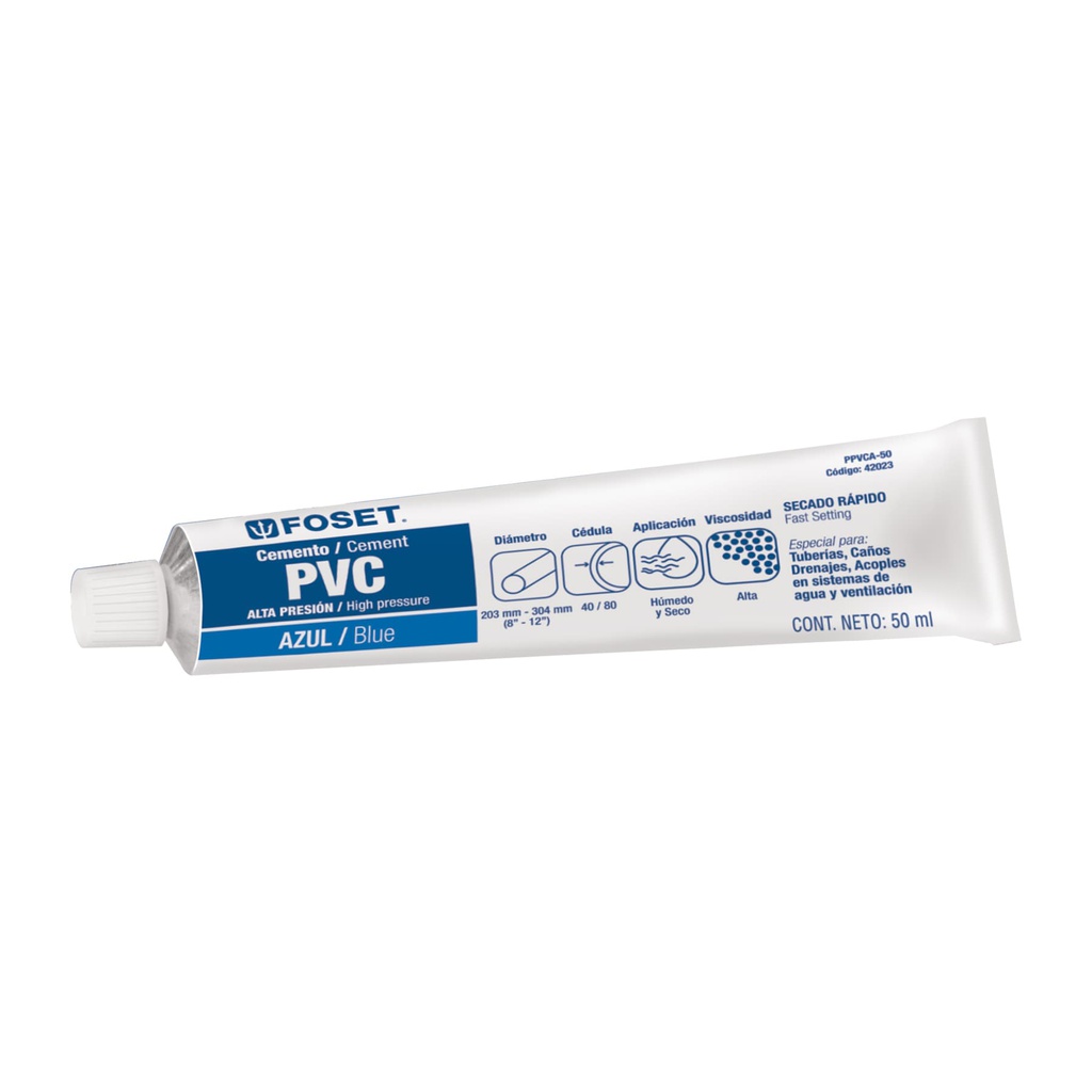 Cemento azul para PVC en tubo de 50 ml, alta presion, Foset