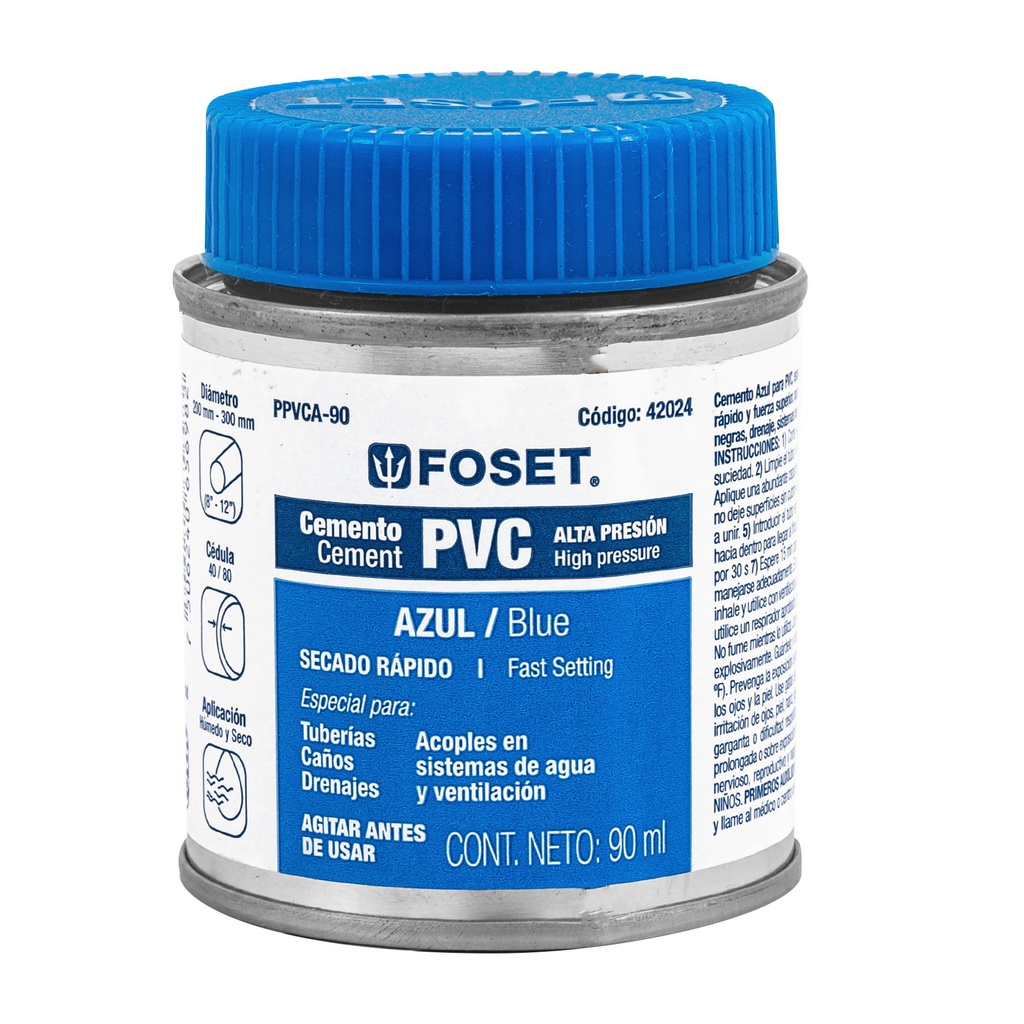 Cemento azul para PVC en bote de 90 ml, alta presion, Foset