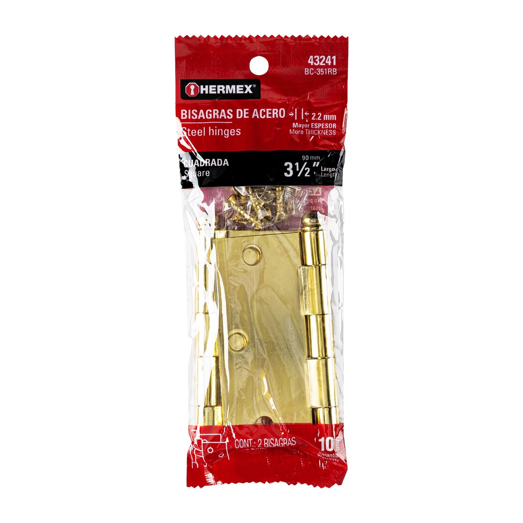 Bolsa c/2 bisagras cuadradas 3-1/2' latonado,cabeza redonda