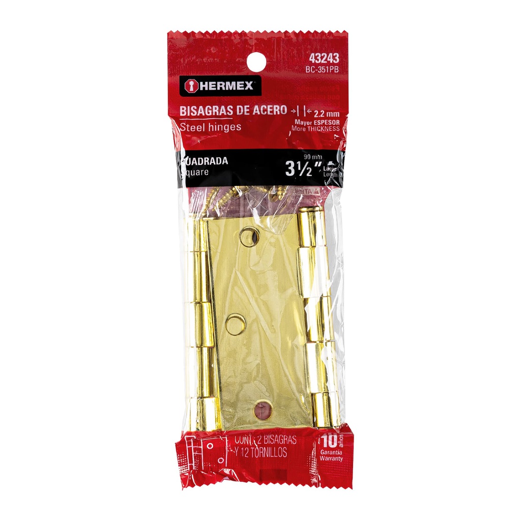 Bolsa c/2 bisagras cuadradas 3-1/2', latonado, cabeza plana