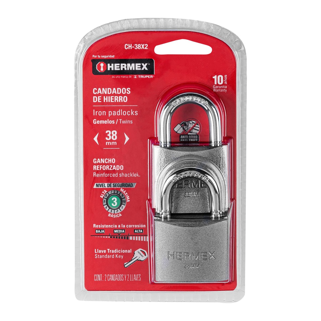 Blister con 2 candados de hierro de 38mm con gancho corto