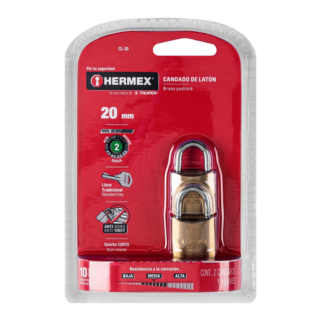 Blister con 2 candados de laton de 20mm con gancho corto