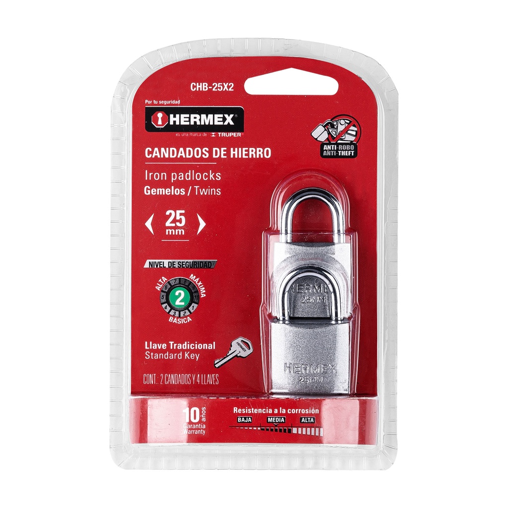 Blister con 2 candados de hierro de 25mm con gancho corto