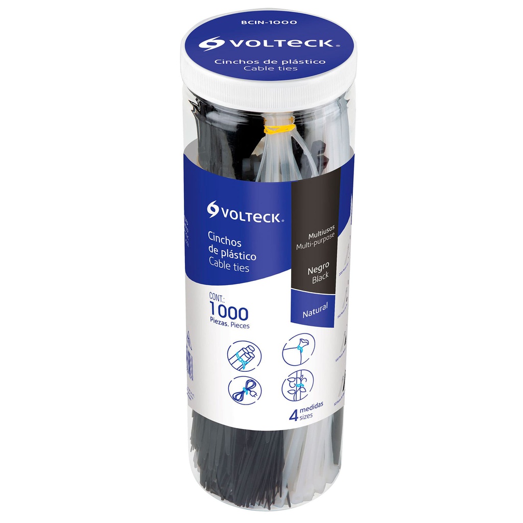 Bote con 1000 cinchos plasticos negros y naturales, Volteck