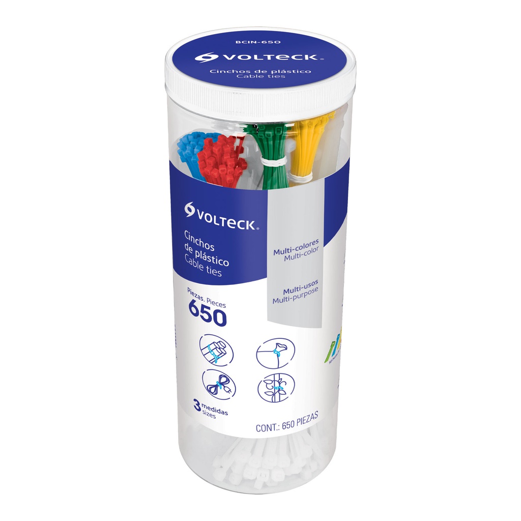 Bote con 650 cinchos plasticos en colores surtidos, Volteck