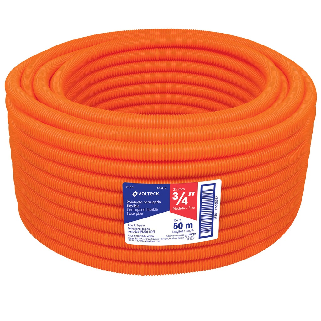Metro de poliducto 3/4' corrugado flex. s/guia, rollo 50 m