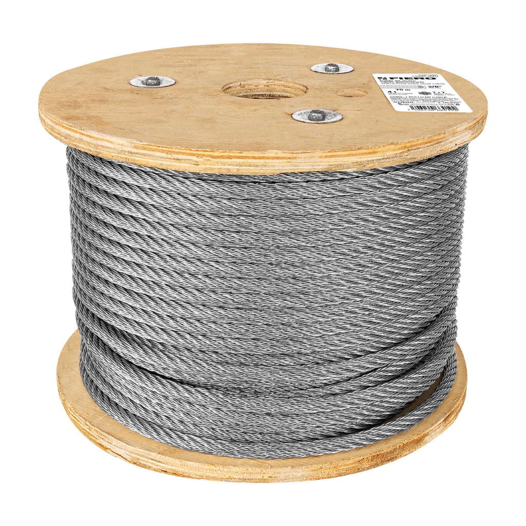 Metro de cable rigido 3/8' de acero 7x7 hilos, 75 m, Fiero