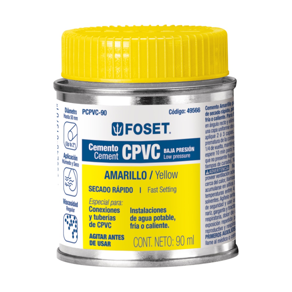 Cemento amarillo p/CPVC en bote de 90 ml, baja presion,Foset