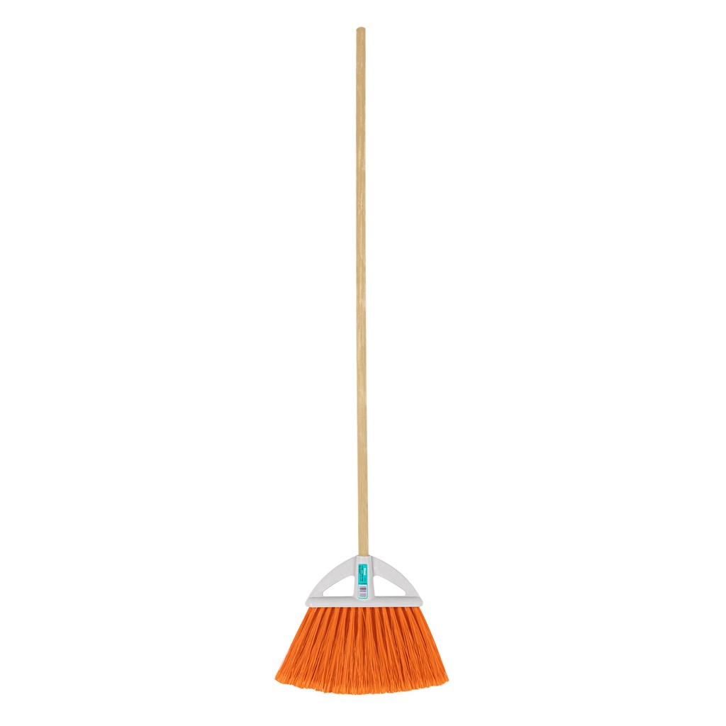 Escoba grande tipo abanico, cerdas de PVC, baston de madera