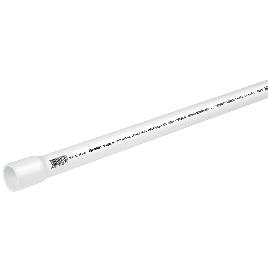 Tubo de 3/4' de PVC hidraulico cedula 40, de 3 m, Foset