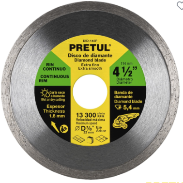 Disco de diamante de 4-1/2" x 1.8 mm, rin continuo, pretul