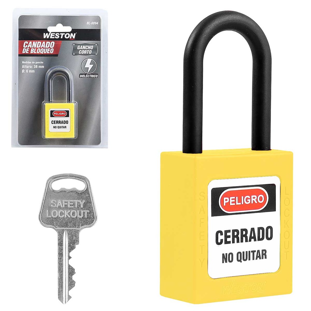 CANDADO DE BLOQUEO DIELECTRICO AMARILLO 38MM (CAJA C/10 PZAS - PRECIO X PIEZA)