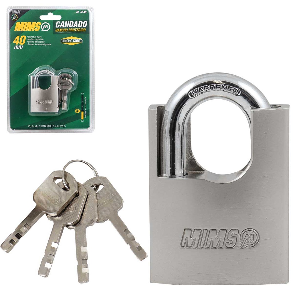 CANDADO GANCHO PROTEGIDO DE HIERRO 40MM C/4 LLAVES ANTI-GANZUA (CAJA C/6 PZAS - PRECIO X PIEZA)
