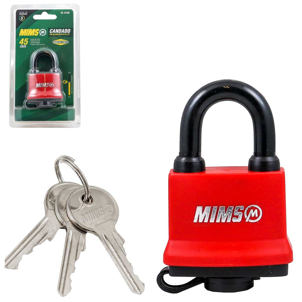CANDADO RECUB. PVC DE HIERRO 45MM C/3 LLAVES (CAJA C/6 PZAS)