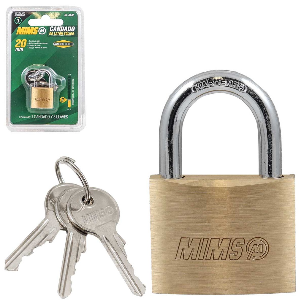 CANDADO DE LATON SOLIDO 20MM C/3 LLAVES (CAJA C/12 PZAS - PRECIO X PIEZA)