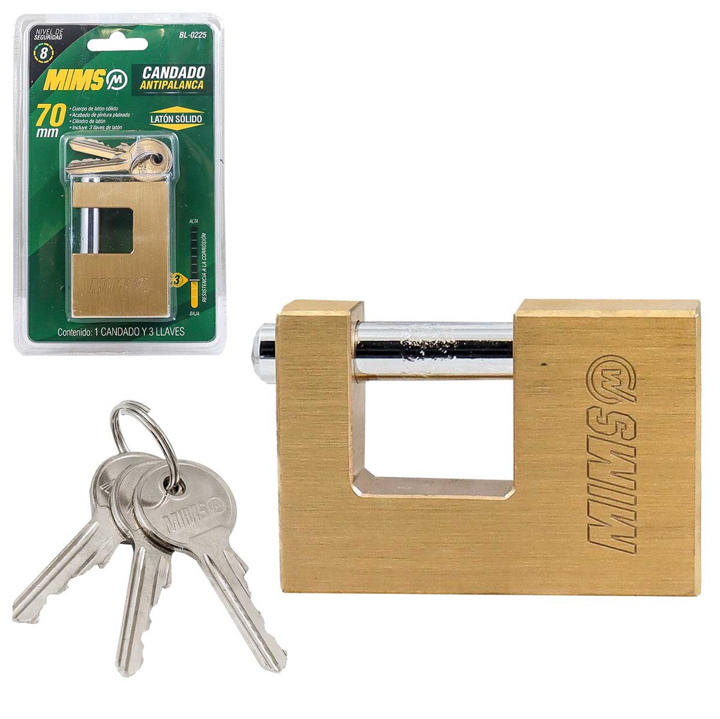 CANDADO ANTIPALANCA DE LATON SOLIDO 80MM C/3LLAVES (CAJA C/6 PZAS - PRECIO X PIEZA)