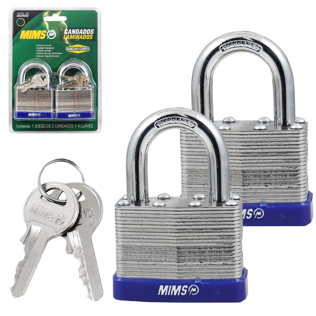 JUEGO  DE 4 CANDADOS DE ACERO CUERPO LAMINADO 40MM C/8 LLAVES (CAJA C/3 JGOS)