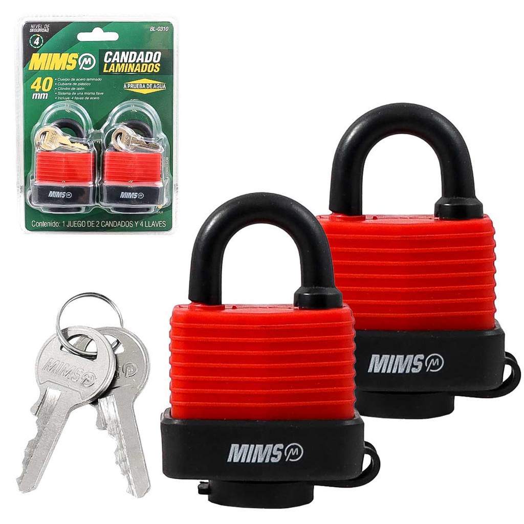 JGO 4PZS CANDADO D/ACERO PRUEBA D/AGUA CUERPO LAMIN. 40MM C/8 LLAVES (CAJA C/3 JGOS - PRECIO X JGO)