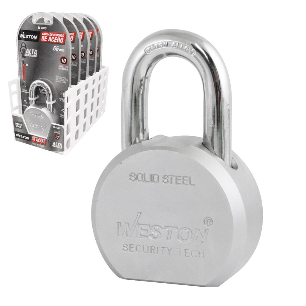 CANDADO REDONDO D/ACERO GANCHO D/BORO D/ALTA SEGU. 65MM C/3 LLAVES (CAJA C/6 PZAS - PRECIO X PIEZA)