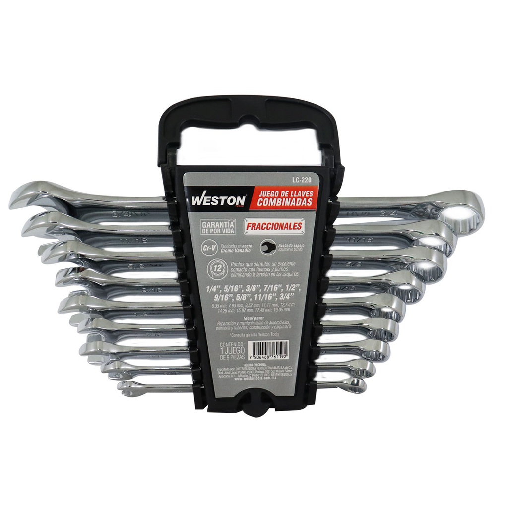 JUEGO DE LLAVES COMBINADAS CrV PULIDO ESPEJO FRACCIONALES 9 PZS 1/4" - 3/4"