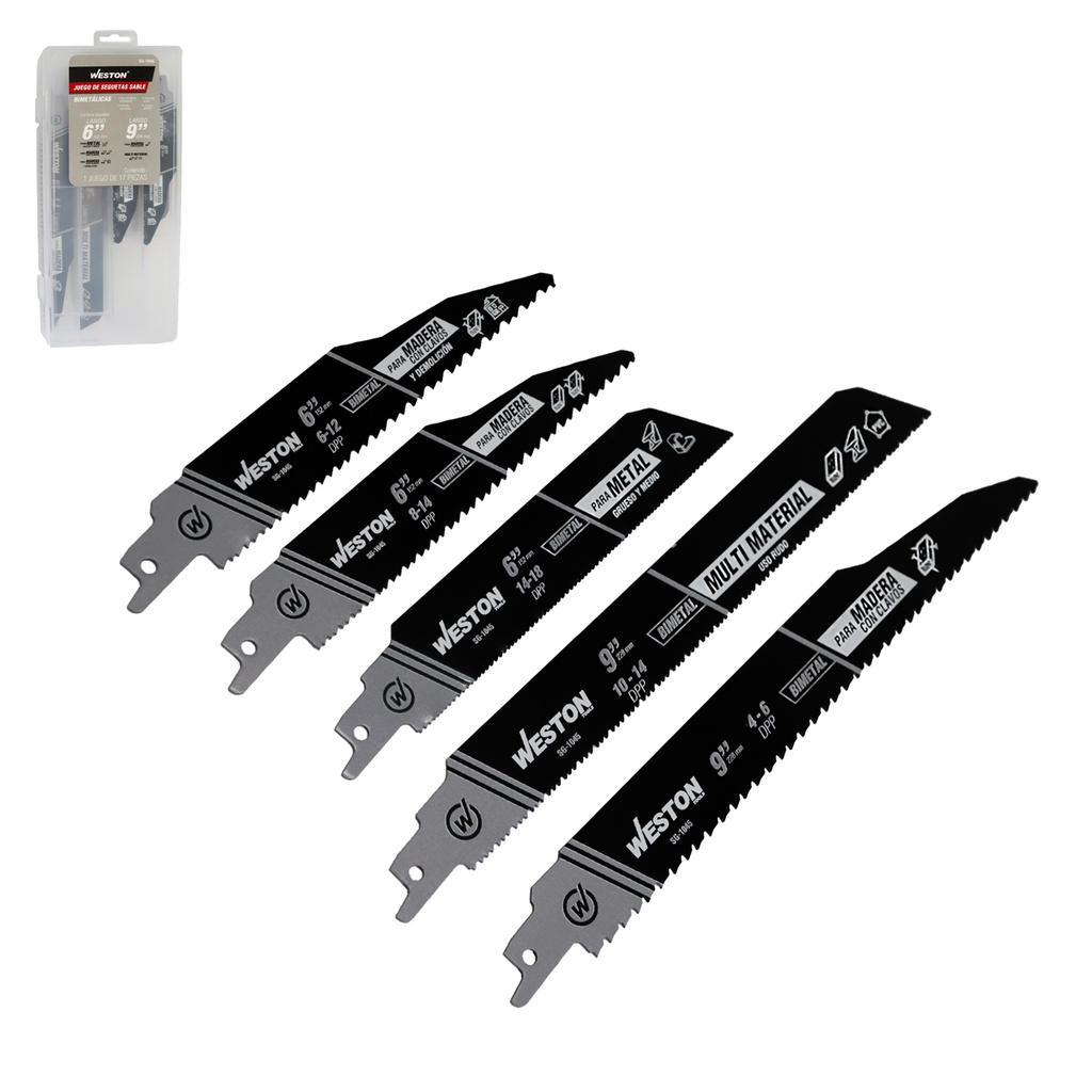 SEGUETA SABLE BIMETALICA 6" 6/12DPP, 6" 8/14DPP, 6" 14/18DPP, 9" 4/6DPP &amp; 9" 10/14DPP (JGO C/17 PZS)