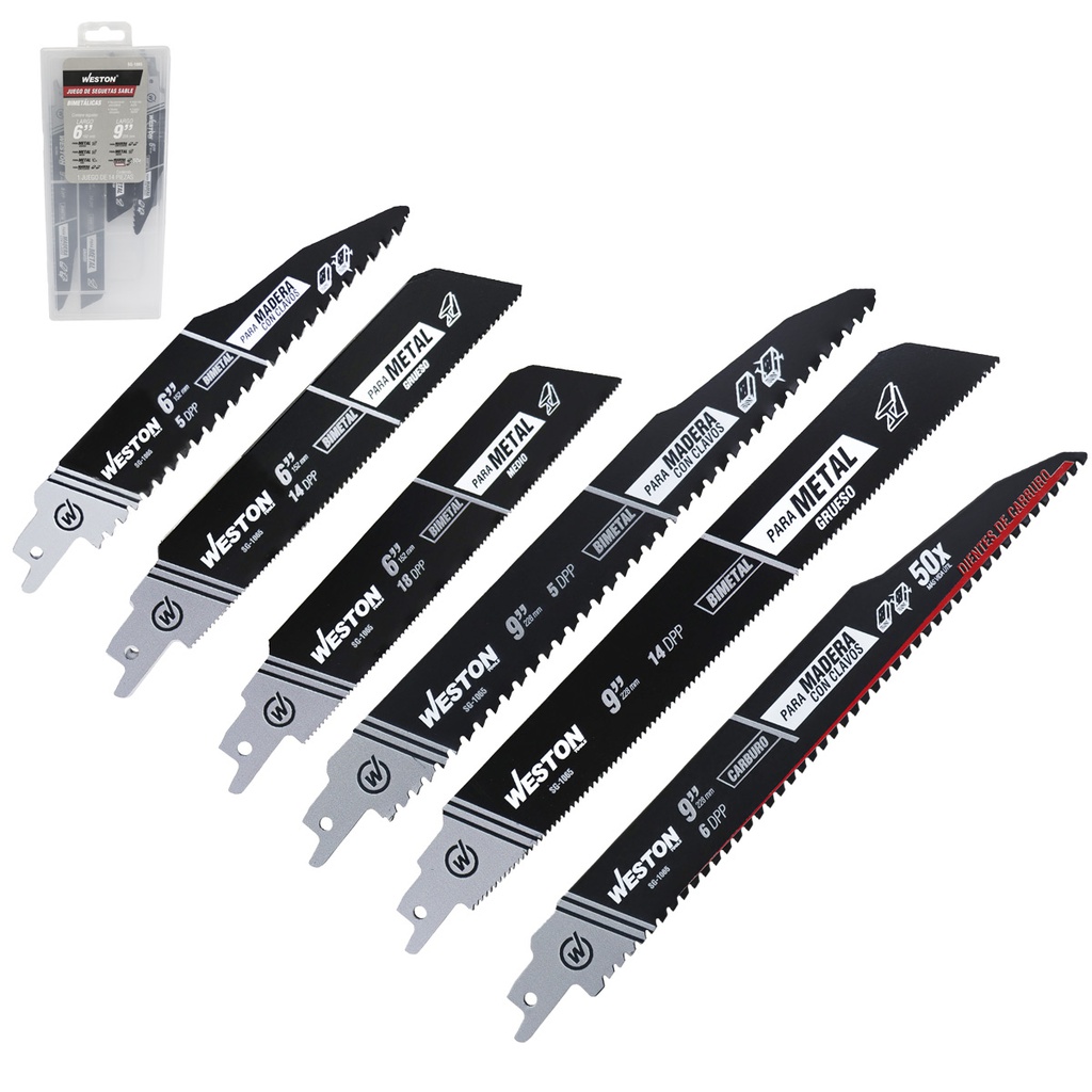 SEGUETA SABLE BIMETALICA 6&quot;&amp;9&quot; 5DPP, 6&quot;&amp;9&quot; 14DPP, 6&quot; 18DPP &amp; 24DPP Y CARBURO 9&quot; 6DPP (JGO C/14 PZS)