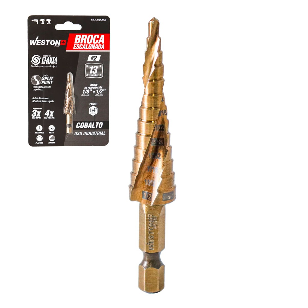 BROCA ESCALONADA ESPIRAL COBALTO #2 1/8'' - 1/2'' WESTON PLUS