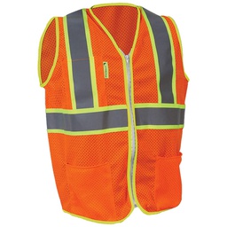[ECO-1210ANCRV] CHALECO DE MALLA TIPO JERSEY ECOFRIENDLY ANARANJADO, ANSI TIPO R CLASE 2, C/REF VERTICAL BICOLOR 3", UNITALLA