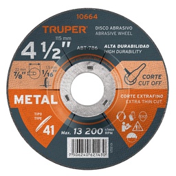 [10664] Disco de 4-1/2' para corte de metal, tipo 41, Truper