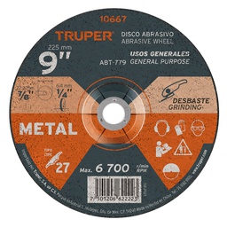 [10667] Disco Tipo 27 de 9' x 6.4 mm para desbaste de metal, Truper
