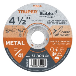 [11584] Disco Tipo 41 de 4-1/2' x 1.2 mm corte fino de metal, Sable