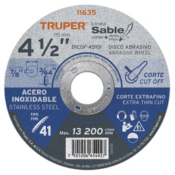 [11635] Disco Tipo 41 de 4-1/2' x 1 mm corte fino acero inox, Sable