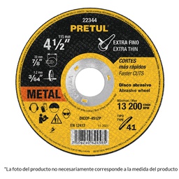[22345] Disco Tipo 41 de 4-1/2' x 1.6 mm corte fino de metal, Pretul
