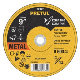[22347] Disco Tipo 41 de 9' x 2 mm corte fino de metal, Pretul