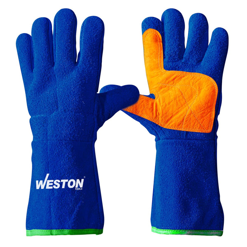 GUANTE SOLDADOR AZUL C/ REFUERZO DE PIEL EN PALMA, HILO KEVLAR (Precio x par - Empaque c/25 pares)