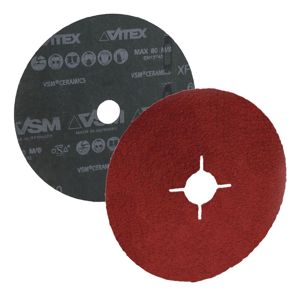 DISCO DE LIJA C24 BARRENO 4.5&quot; X 7/8&quot; CERAMICS PLUS INOX VSM XF885 4 RANURAS