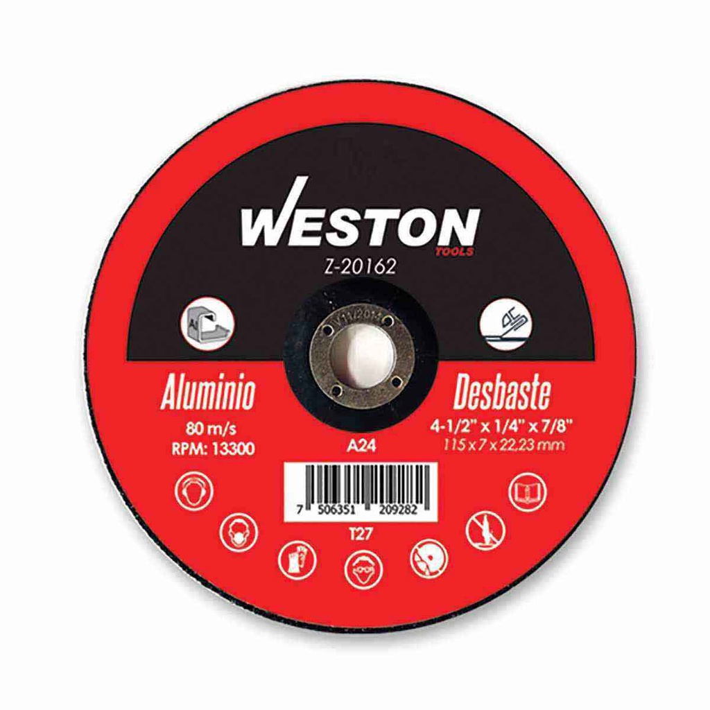 DISCO D/DESBASTE P/ALUMINIO 7" x 1/4"(6.35) x 7/8" F27 (Emp. c/5 Pzas - Precio x Pza)