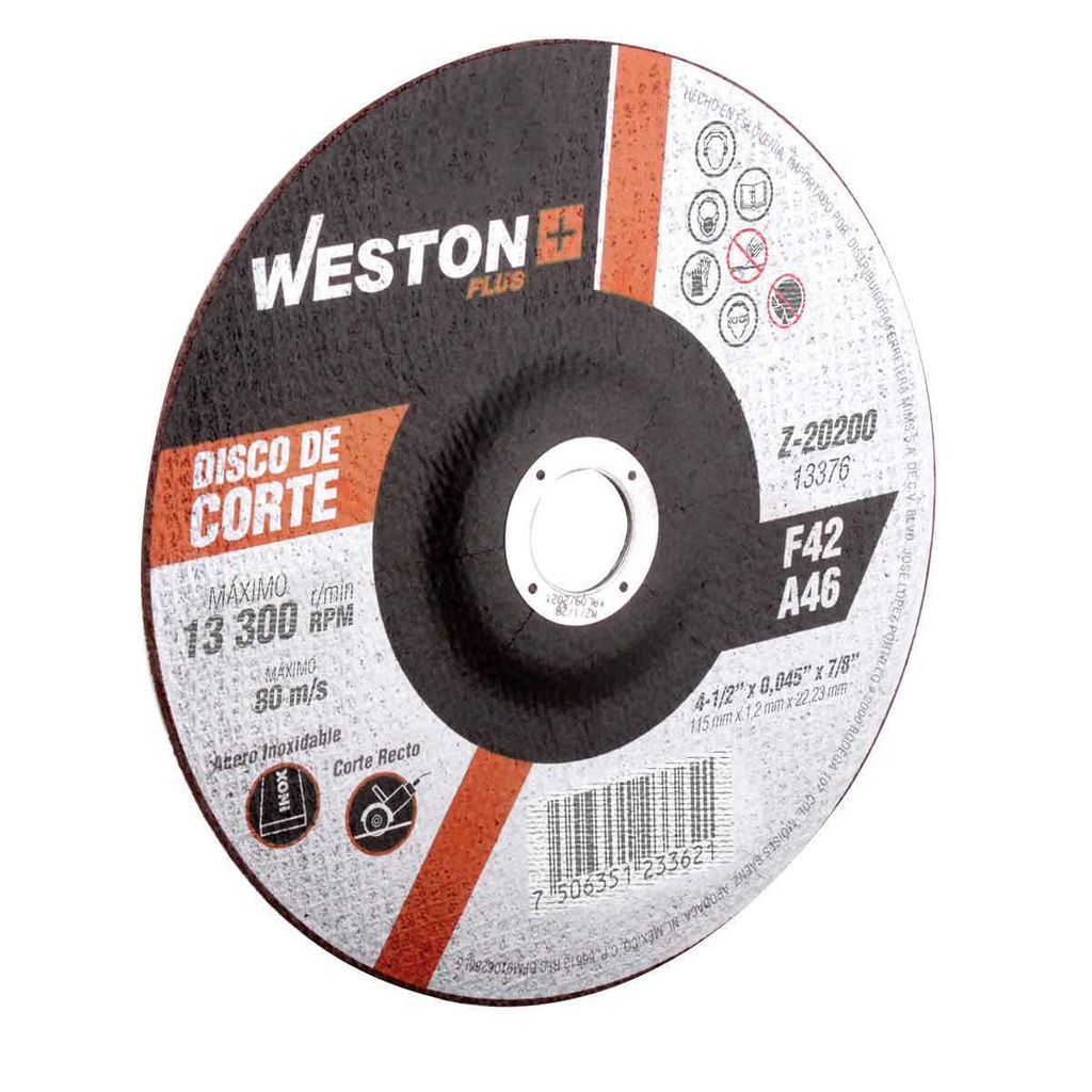 DISCO D/CORTE P/INOX. 4-1/2" x 0.045"(1.2) x 7/8" F42 (Emp. c/10 Pzas - Precio x Pza)