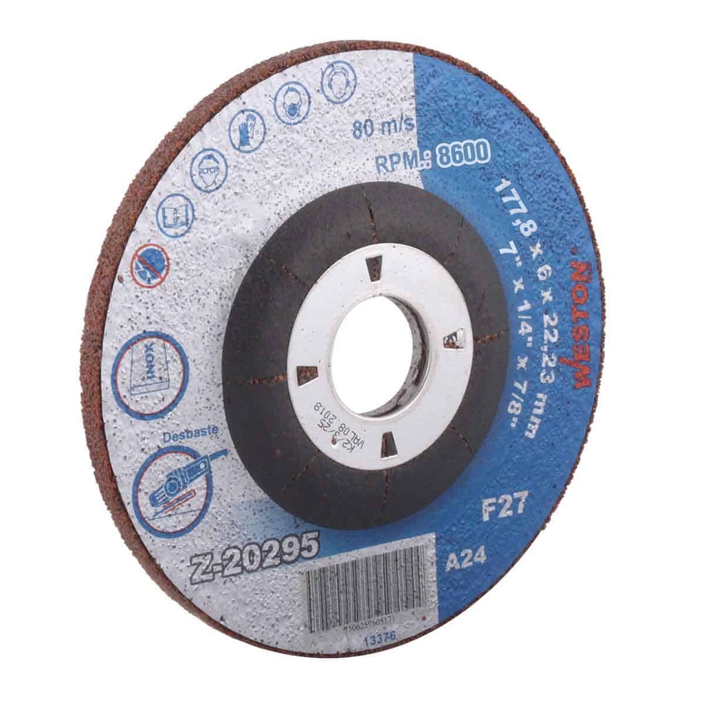 DISCO D/DESBASTE P/INOX. 7" x 1/4"(6.35) x 7/8" F27 (Emp. c/5 Pzas - Precio x Pza)