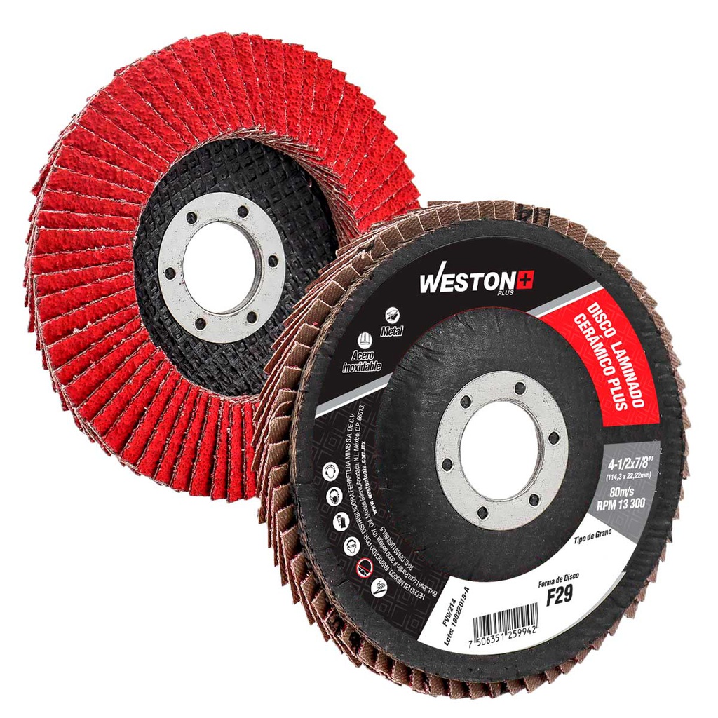 DISCO LAMINADO CERAMICO CON RESPALDO DE FIBRA DE VIDRIO 4-1/2" G120  ALTA DENSIDAD T29