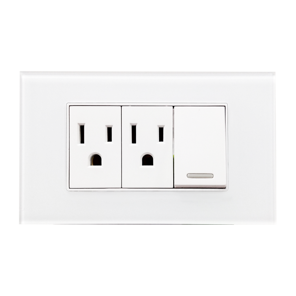 APAGADOR Y CONTACTO DOBLE DE 24MM CON PLACA DE ACRILICO BLANCA