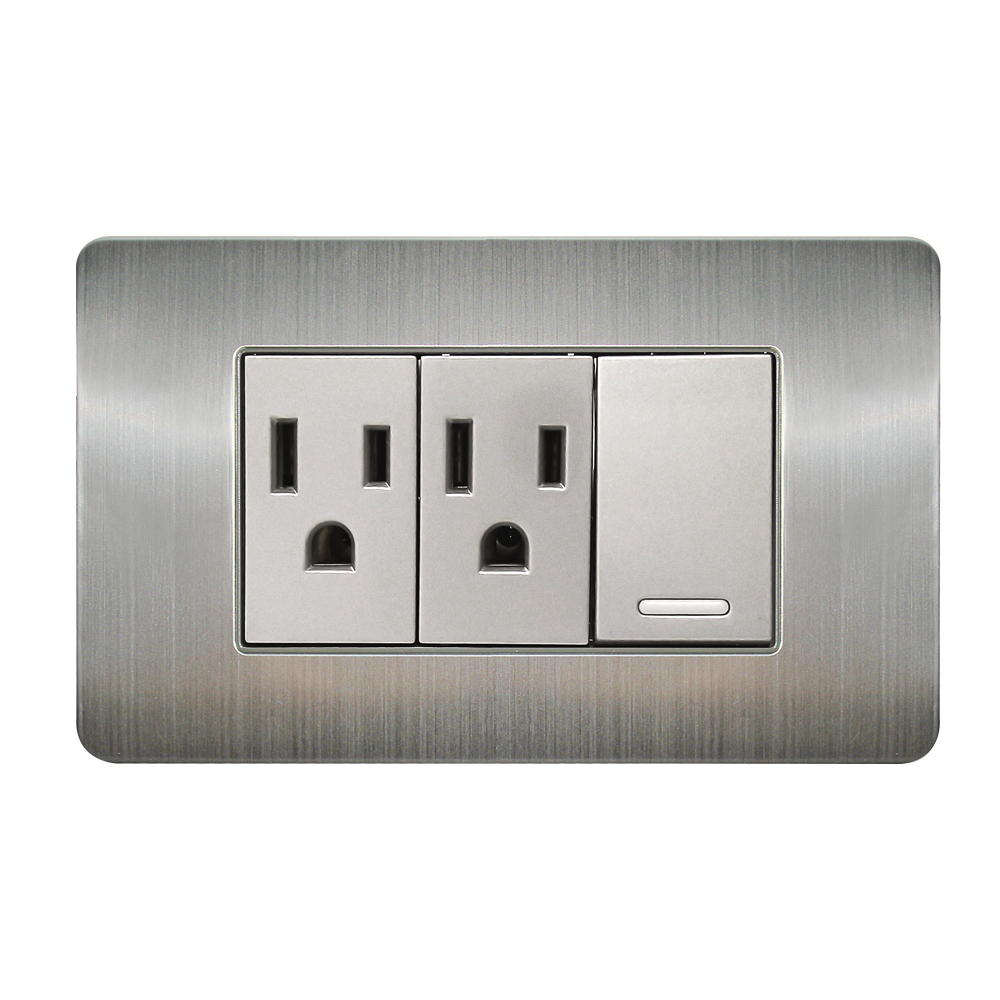 APAGADOR Y CONTACTO DOBLE CON PLACA DE ACERO INOXIDABLE 24 MM