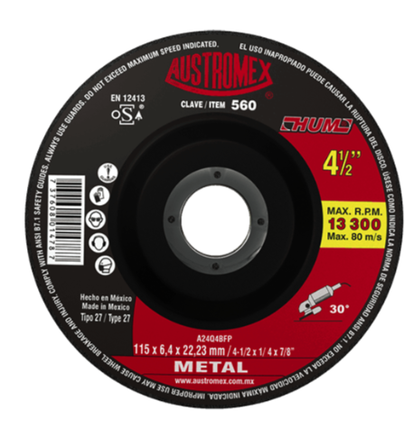 DISCO DESBASTE METAL AUSTROMEX T27 HUM 4 1/2 x 1/4 x 5/8"-11H